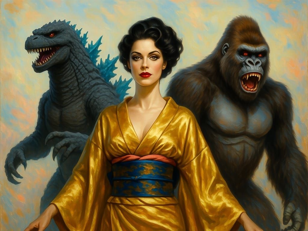 Beautiful Woman in Golden Kimono Between Godzilla and King K...