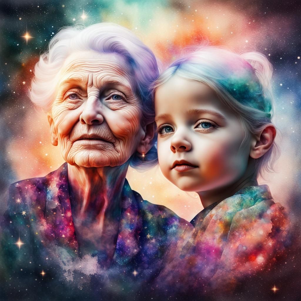 Watercolor Double Exposure of Grandmother and Girl