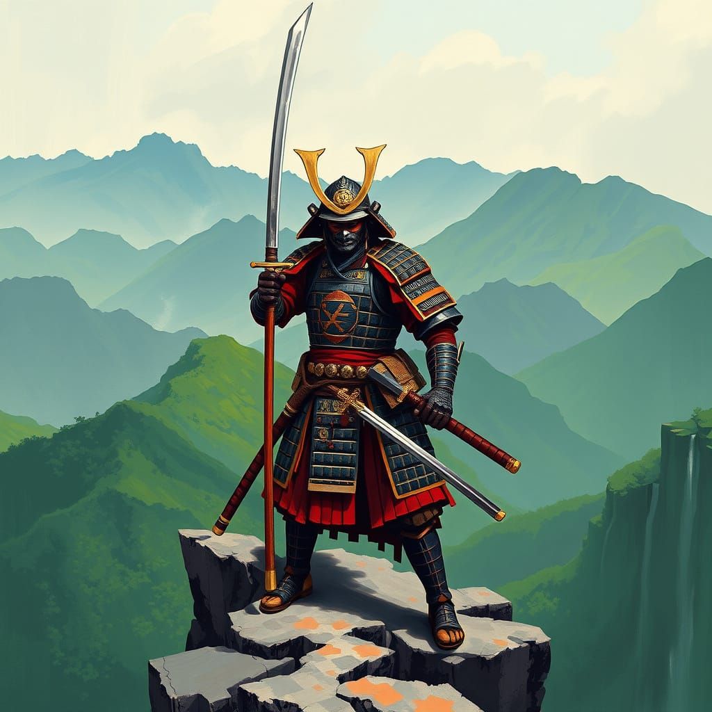 Samurai Warrior in Indonesian Folk Art Style