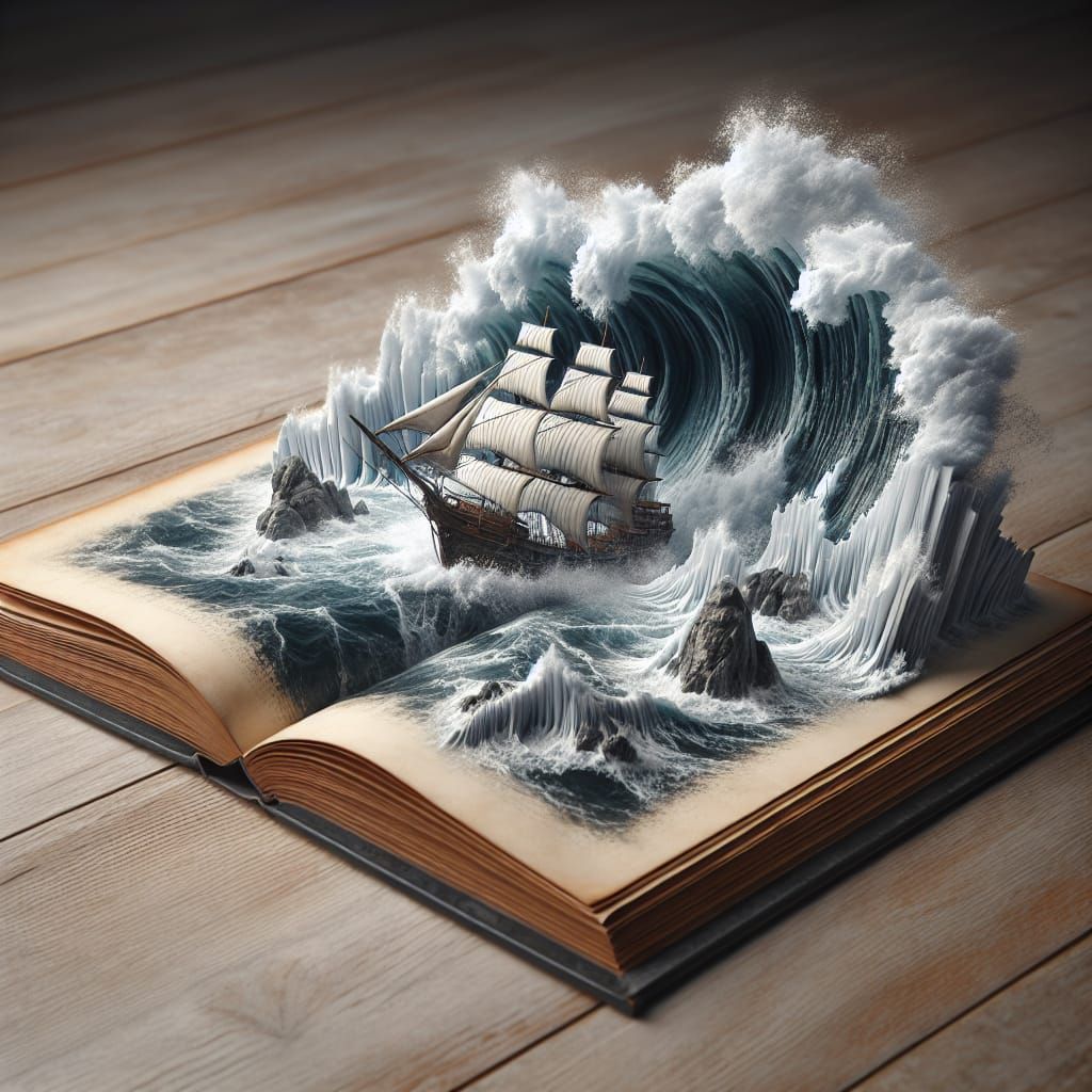 An open book with 3 dimensional photo of a sailing ship on a rocky shore, the waves spilling from the open pages of the ...