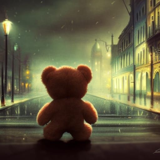Noir Cityscape with Abandoned Teddy Bear