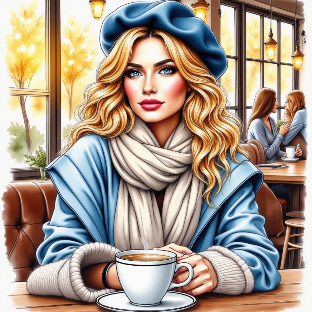 Blond Woman in Woolens Drinking Coffee, Alcohol Ink Style
