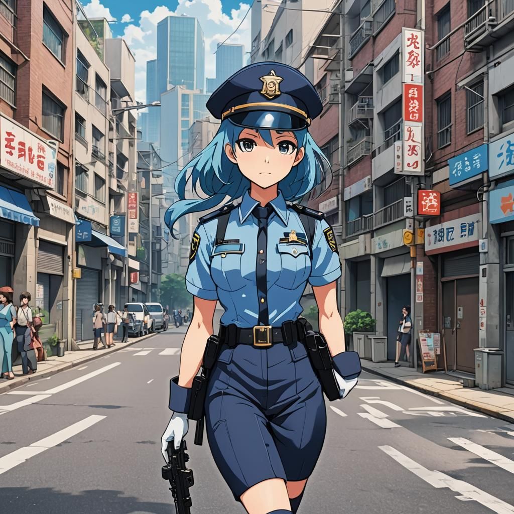 Officer Jenny in Anime Style on City Street