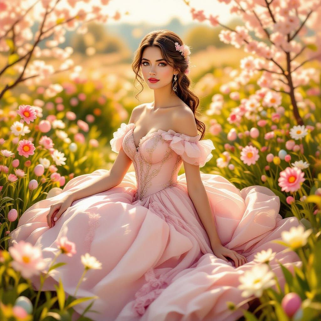 Spring Woman in Fantasy Landscape, Impressionist Oil Paintin...