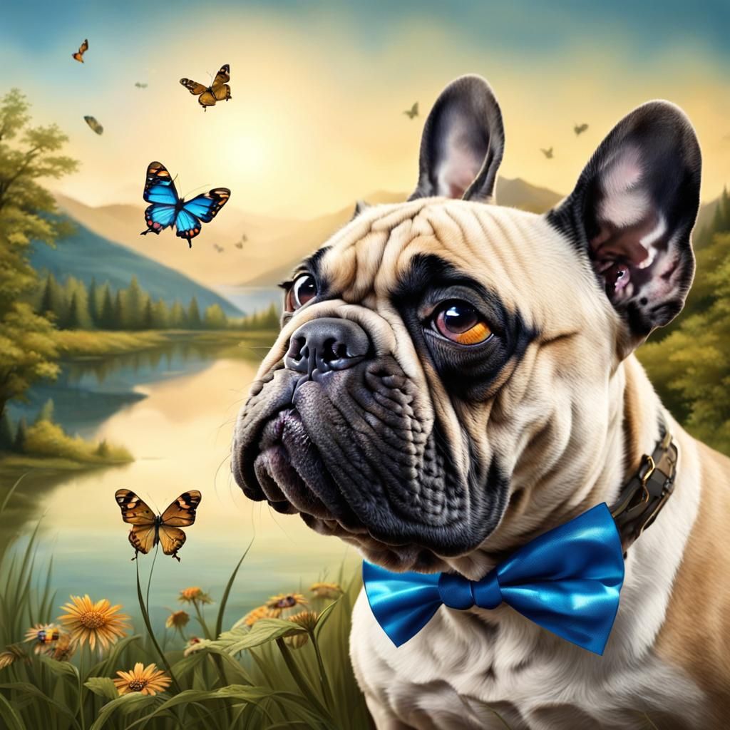 French Bulldog Portrait with Butterfly and Bow Tie