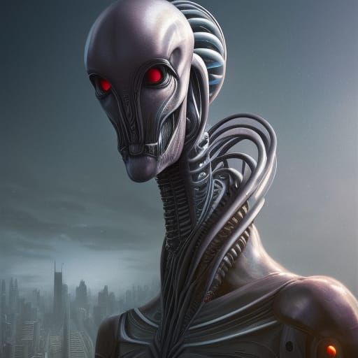 Detailed Alien Humanoid Portrait in Cityscape