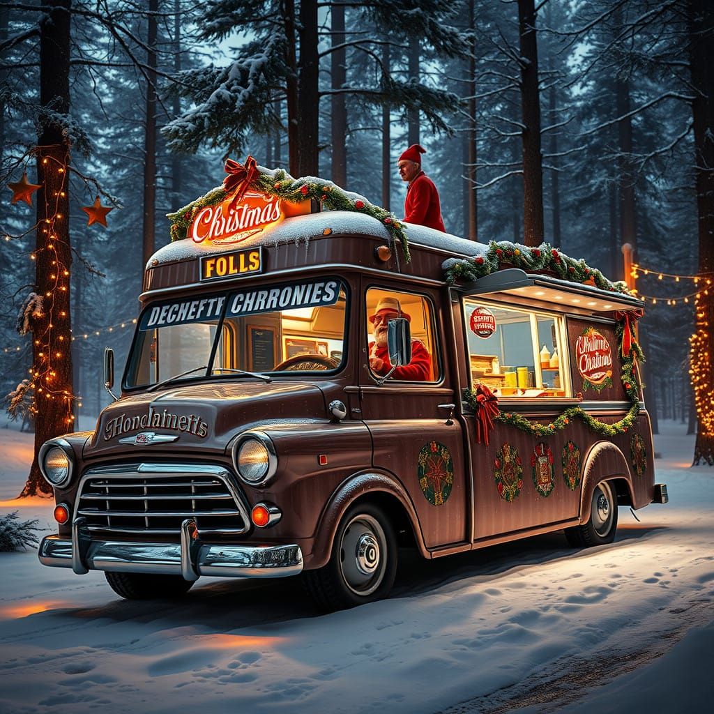 Vintage Christmas Food Truck in Snowy Enchanted Forest