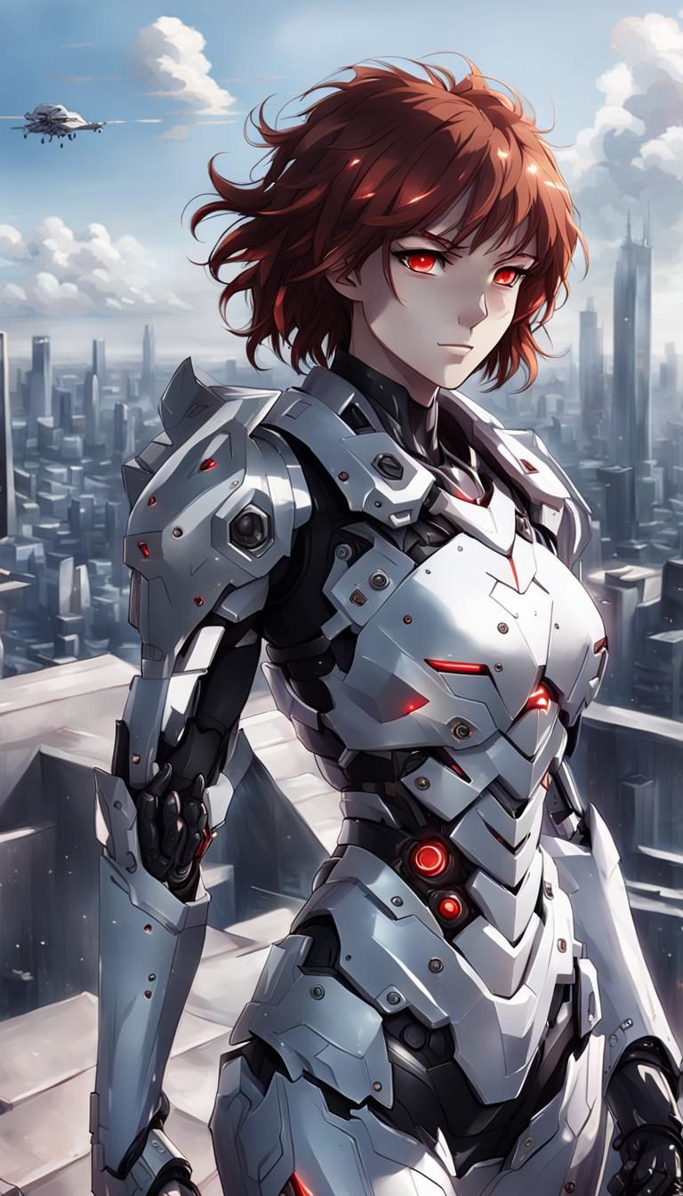 Robot Girl in White Knight Armor Anime Art