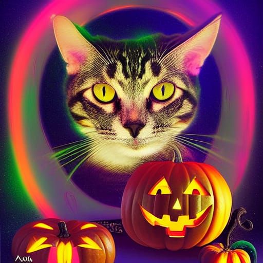 Holographic Halloween Cat Illustration in Cosmic Style