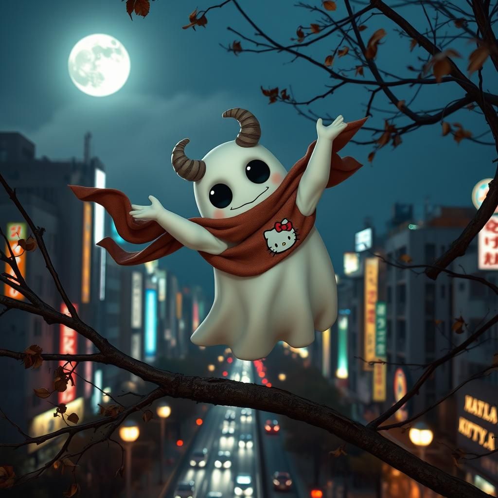 Endearing Monster Ghost Backflip in Japanese Cityscape