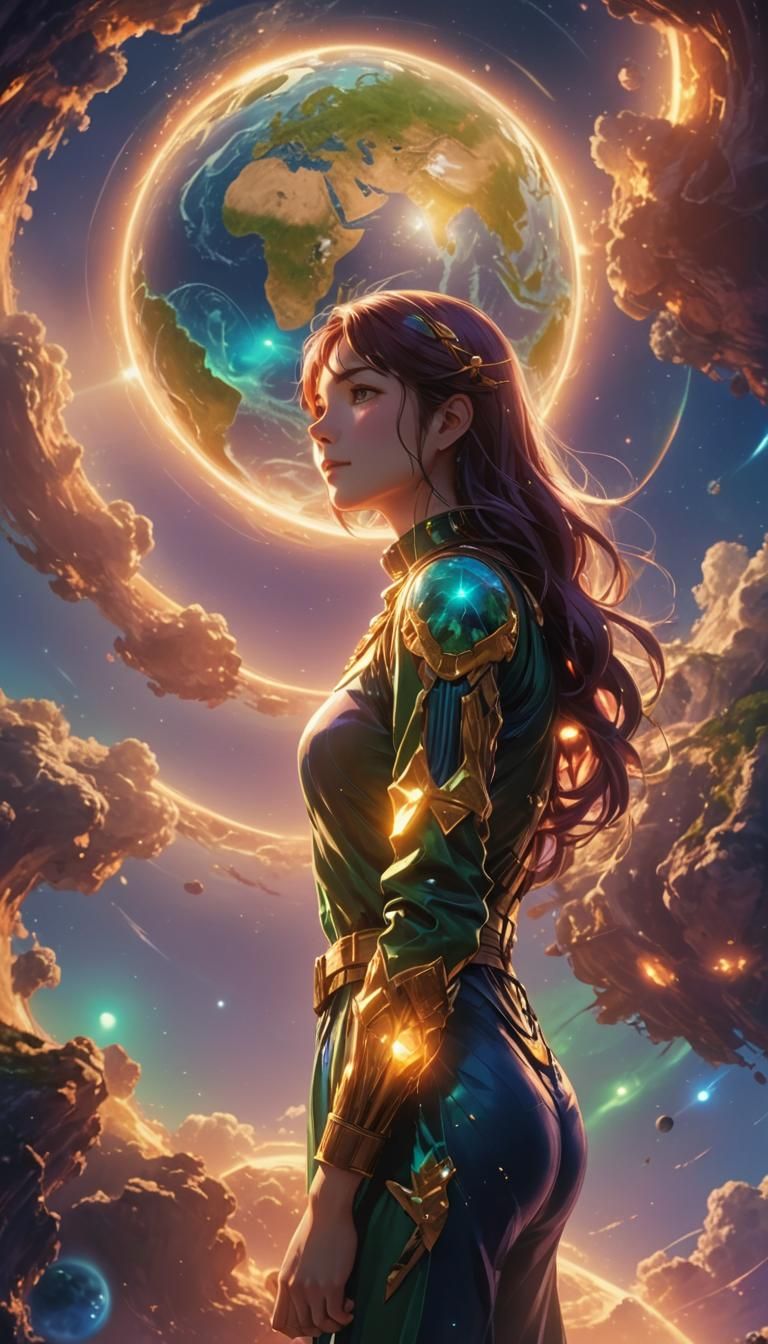 Anime Woman Hugging Earth in Studio Trigger Style