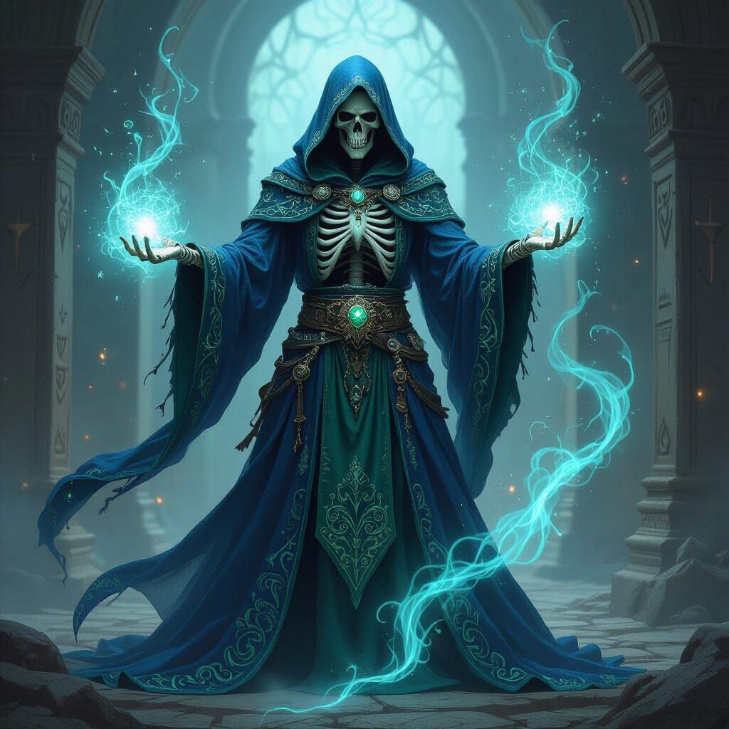 Skeletal Sorcerer Conjuring Arcane Energy in Dark Fantasy St...