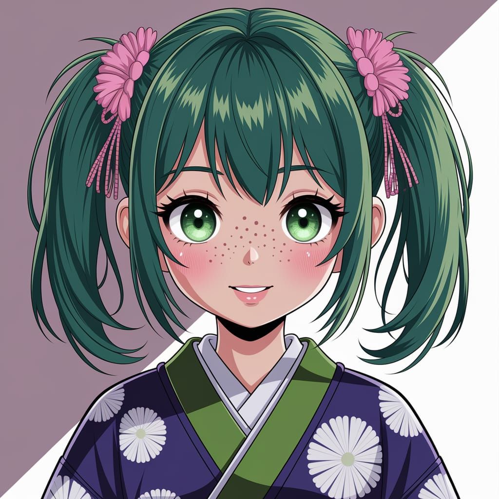 Anime Girl with Green Hair and Yukata