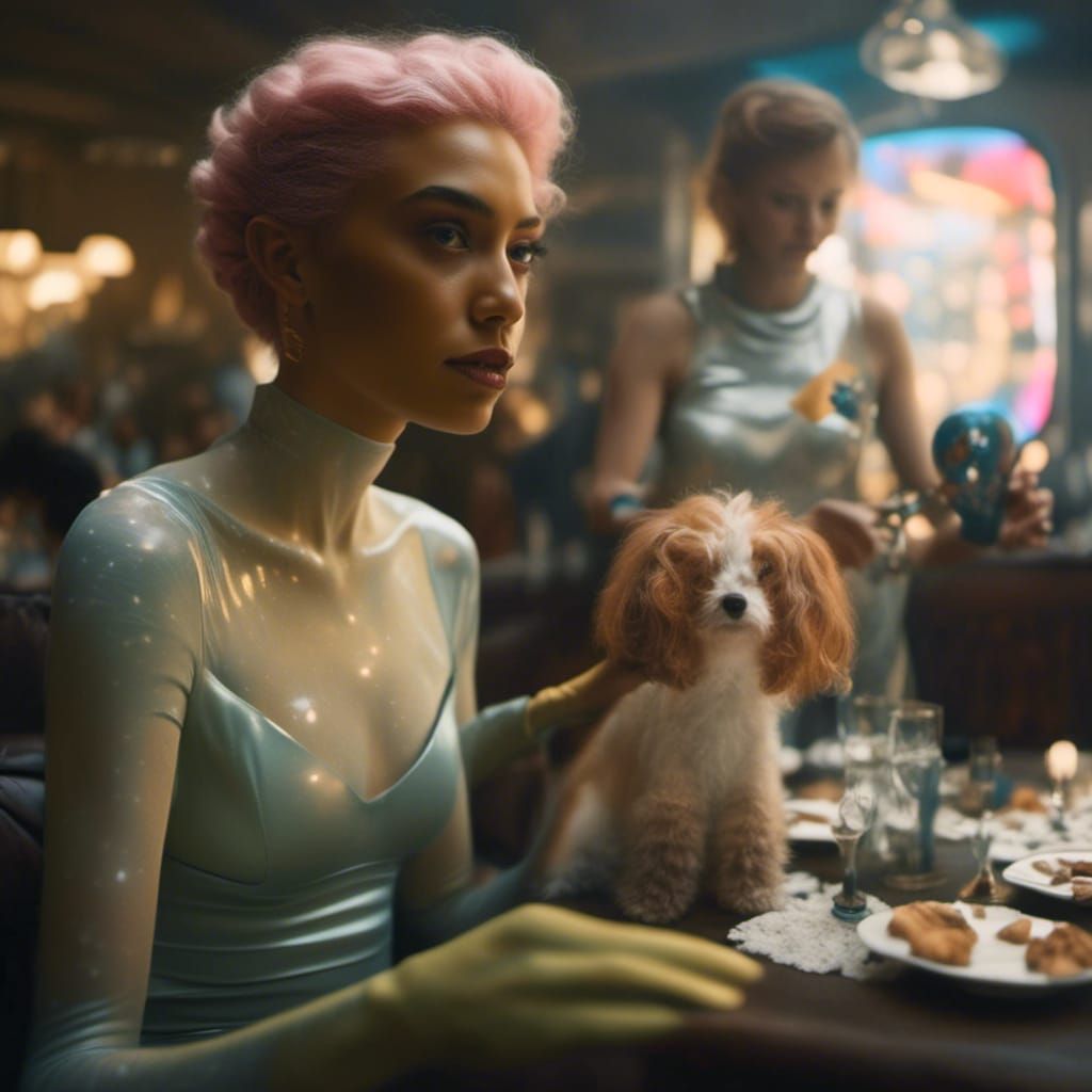 Smiling Aliens and Pets at Futuristic Party