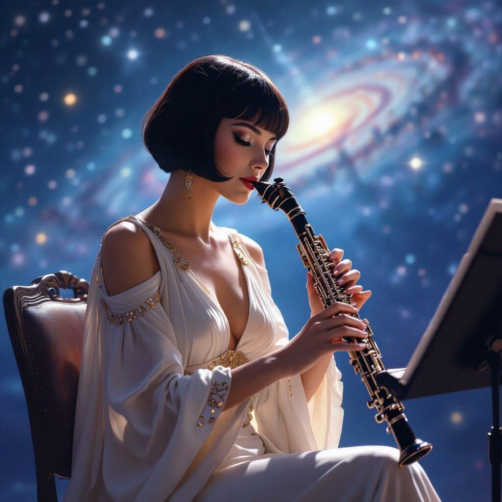 Clarinet Player with Cosmic Backdrop in Futuristic Style