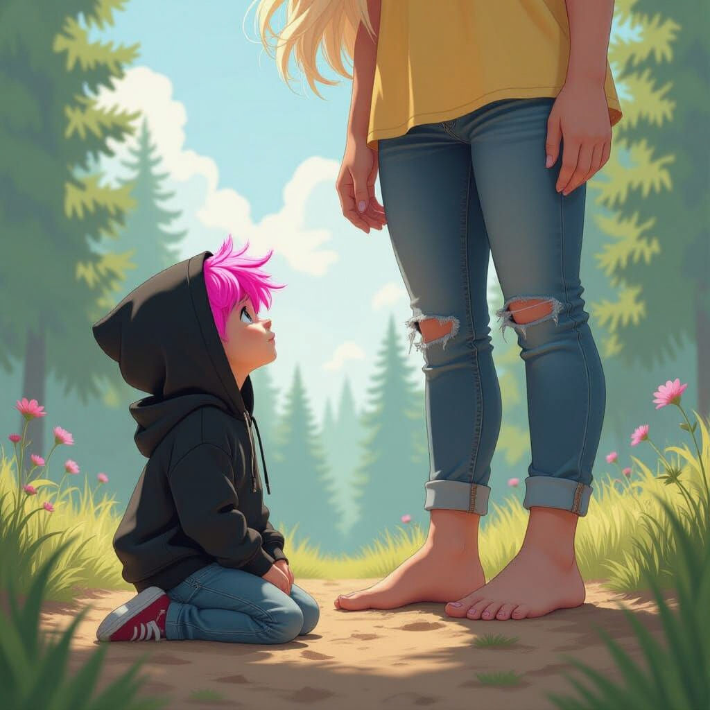 Giant Girl and Tiny Boy in Open Clearing