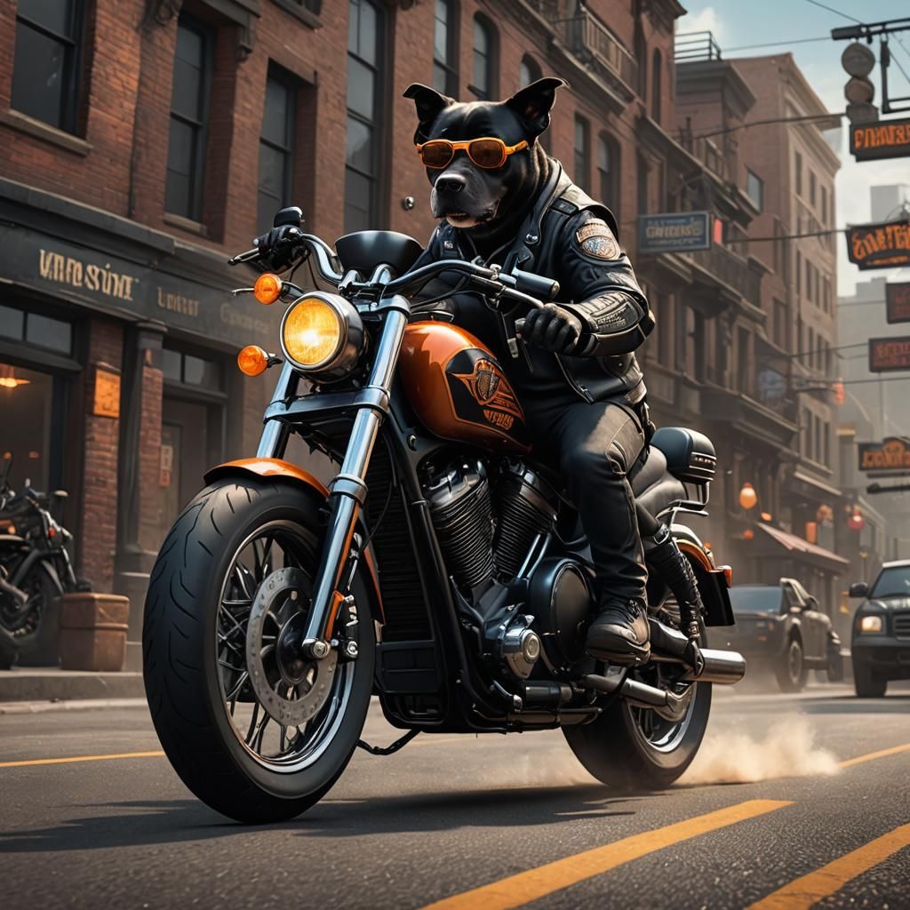 Dog with Goggles Rides Motorcycle: Fantasy Concept Art