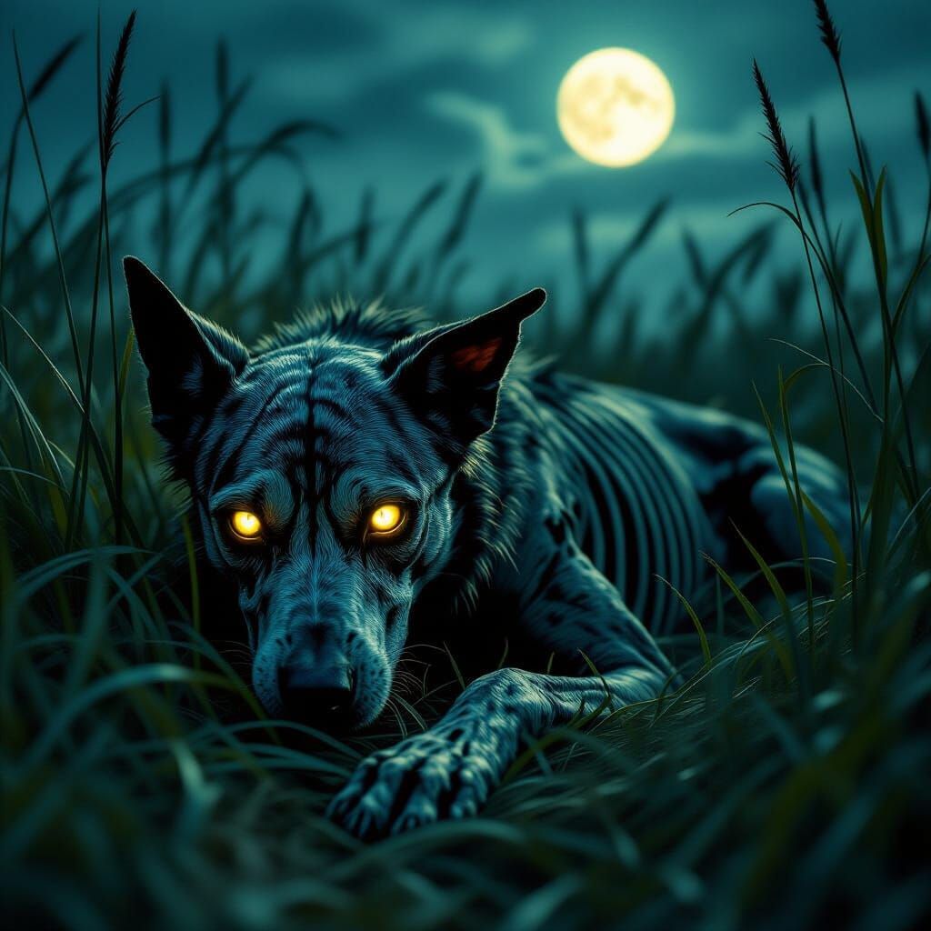 Undead Dog in Tall Grass with Glowing Eyes