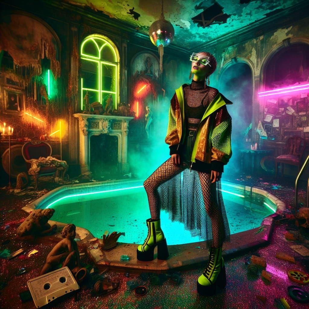 Fashionable Figure in Neon Wasteland