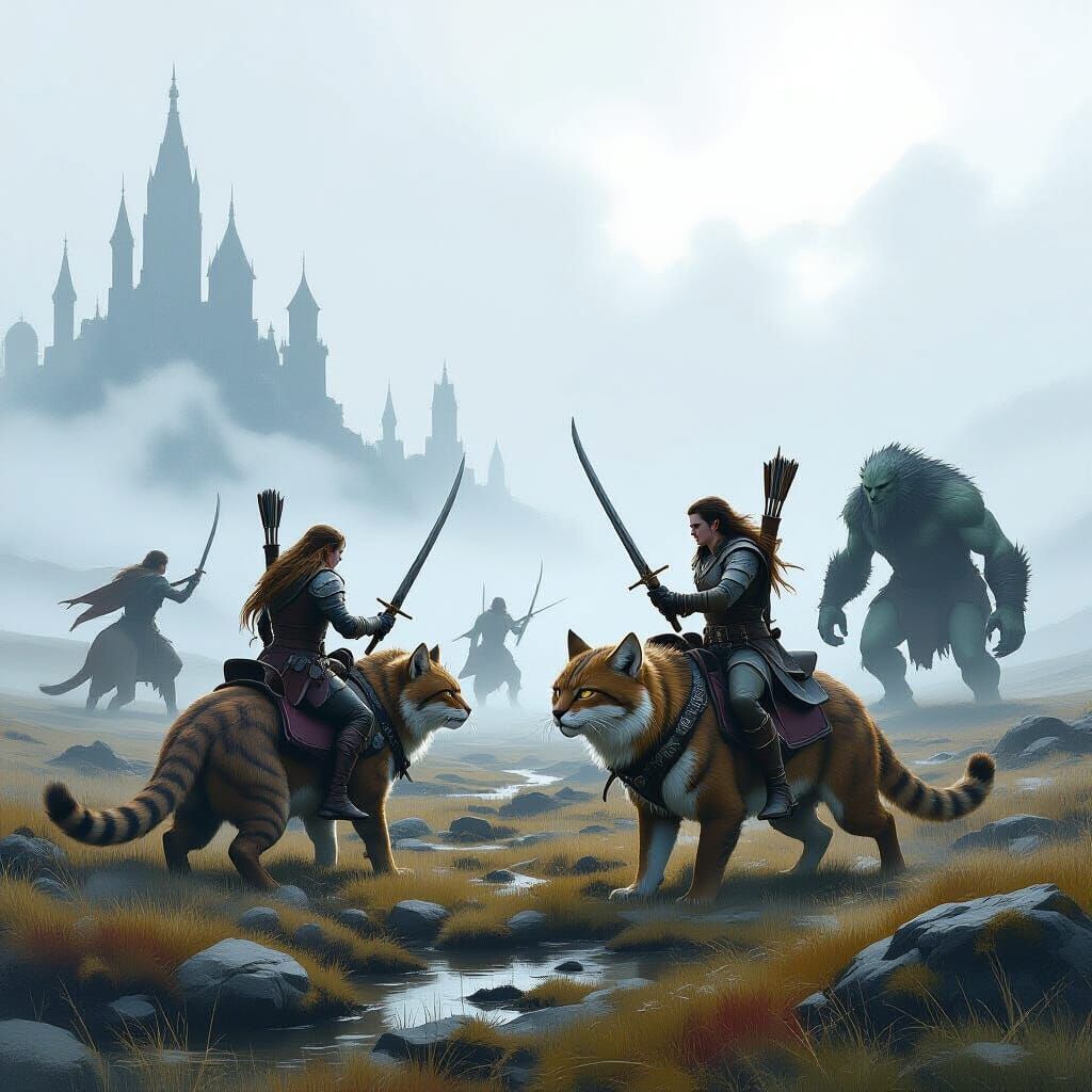 Elves and Moor Cats Fight Trolls in Misty Landscape