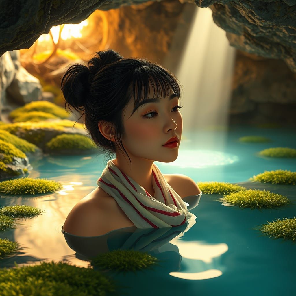 Woman Relaxing in Bioluminescent Cave Hot Spring