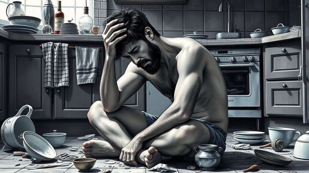 Tormented Man in Despair, in Modern European Ink Painting St...