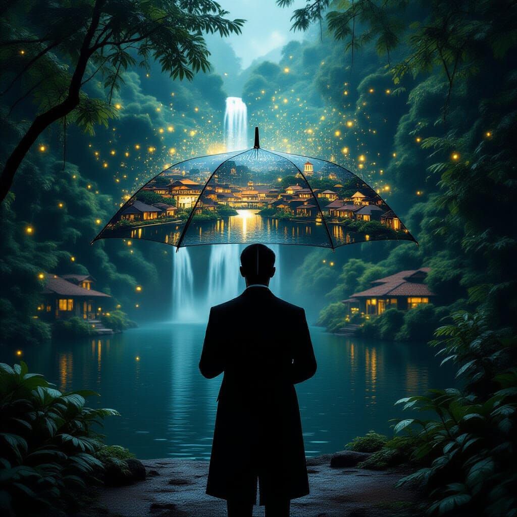 Mysterious Man Holds Luminous City Umbrella in Dark Forest