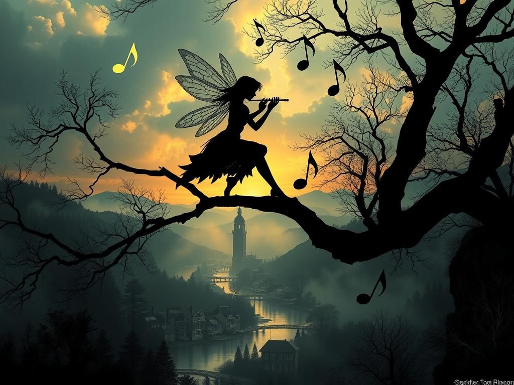 Fairy Silhouette Playing Flute Over River