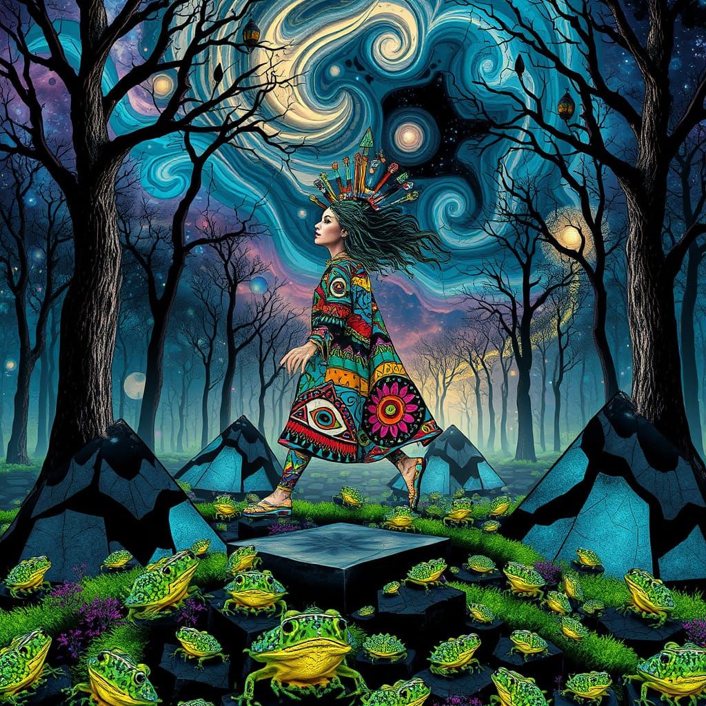 Mystical Woman Embodies Vibrant Patterns and Tools Amidst Dr...