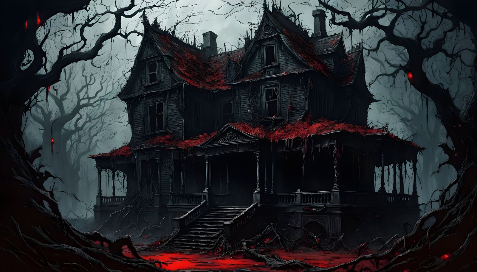Creepy Decayed Garden with Red Orbs in Horror Style