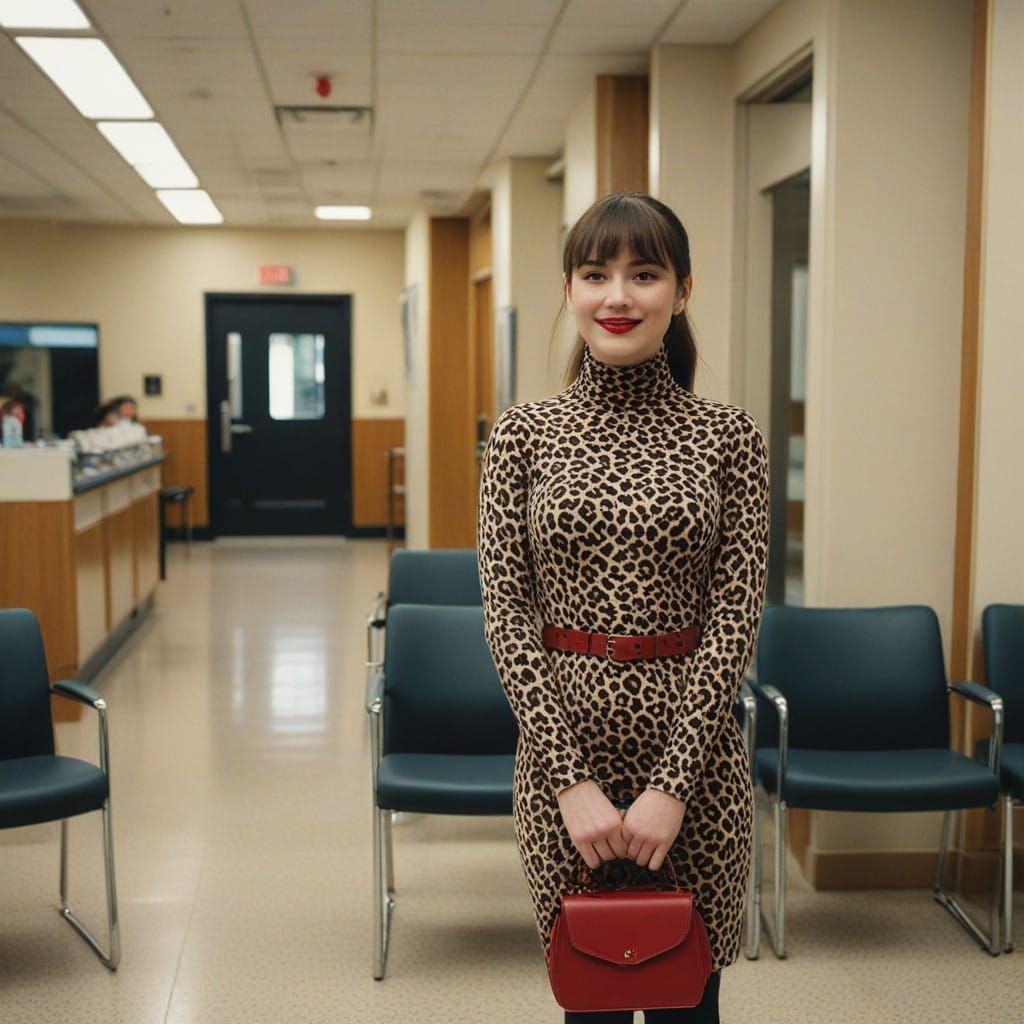 Fashionable Young Woman Steps into a Medical Center Waiting....