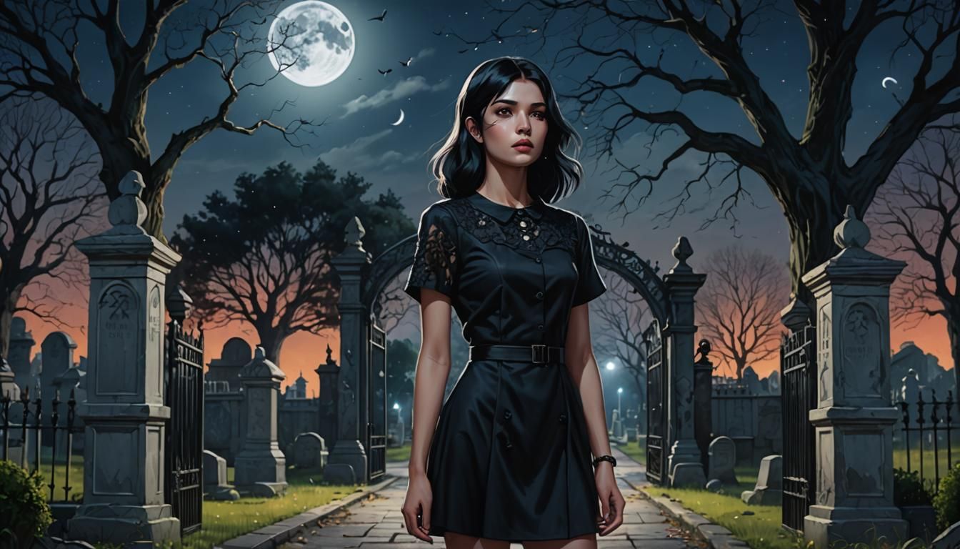 Woman at Cemetery Gate Under Full Moon