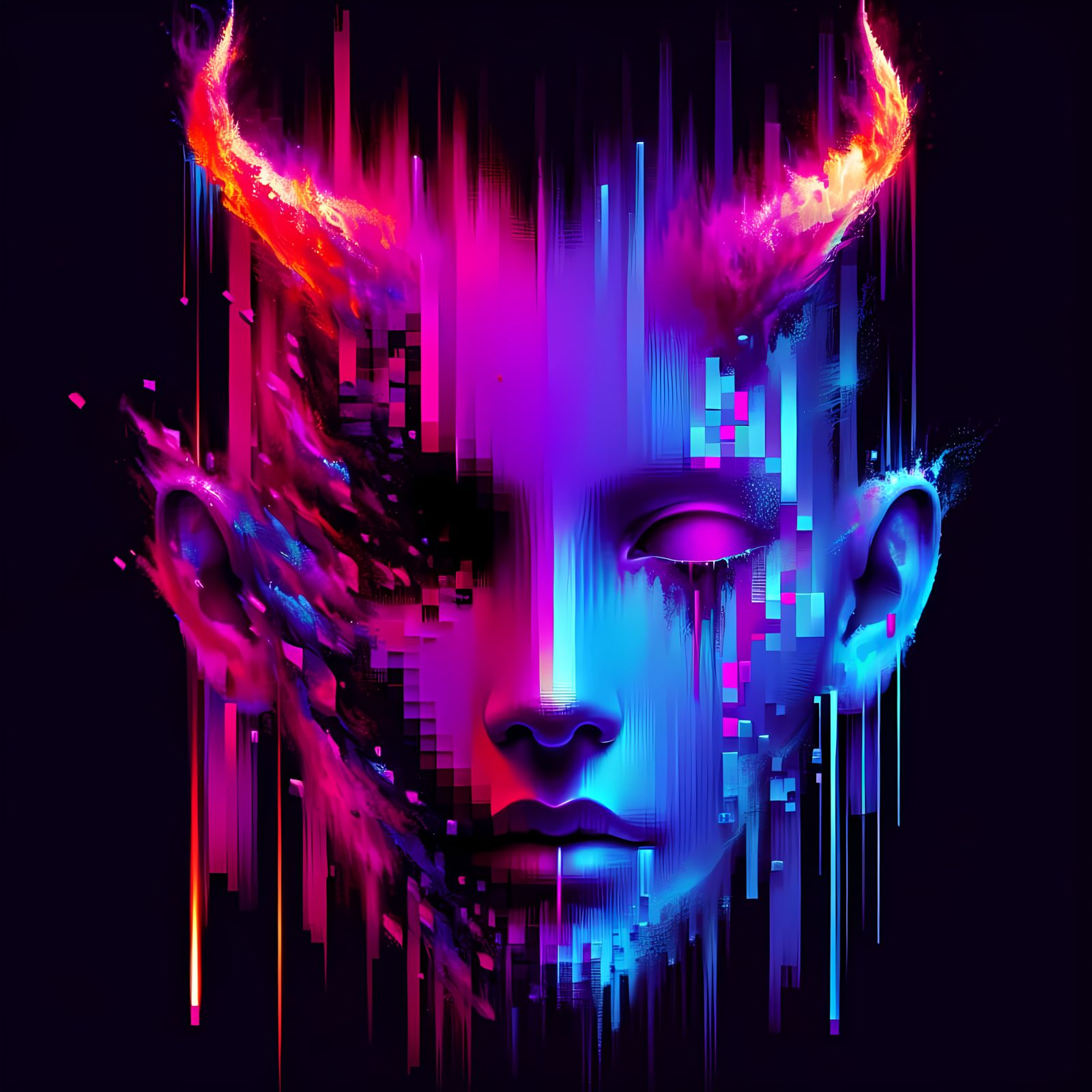 Abstract Glitch Art Face with Neon Horns