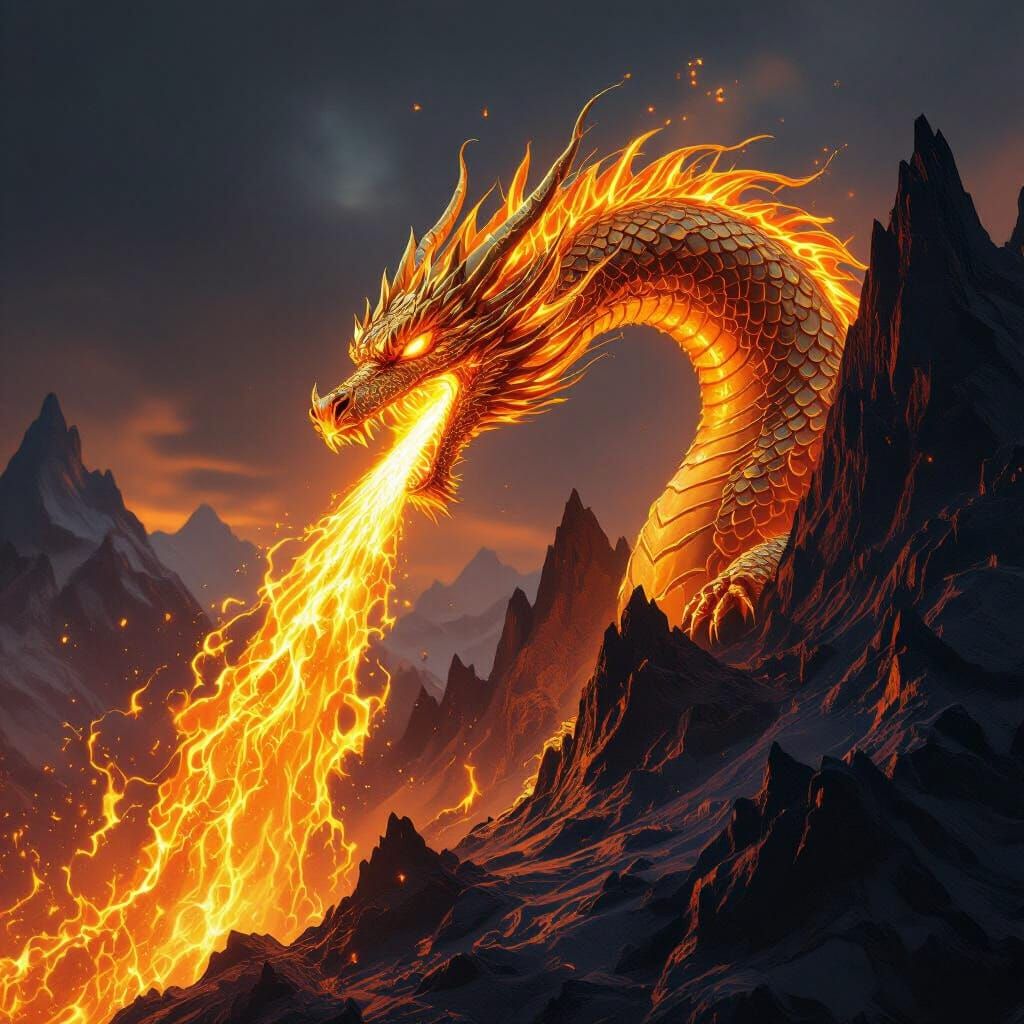 Molten Gold Dragon Breathes Fire on Obsidian Mountains