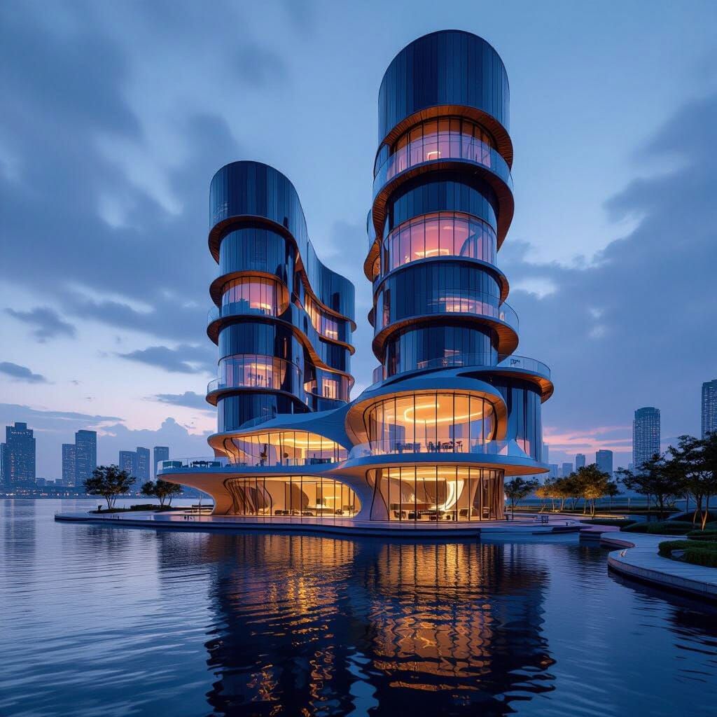 Futuristic Lakeside Skyscraper in Organic Parametric Style