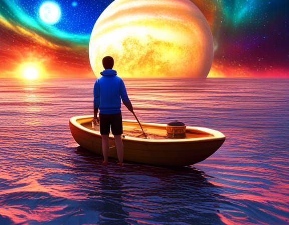 Surreal Ocean Scene with Ringed Planet in Sky