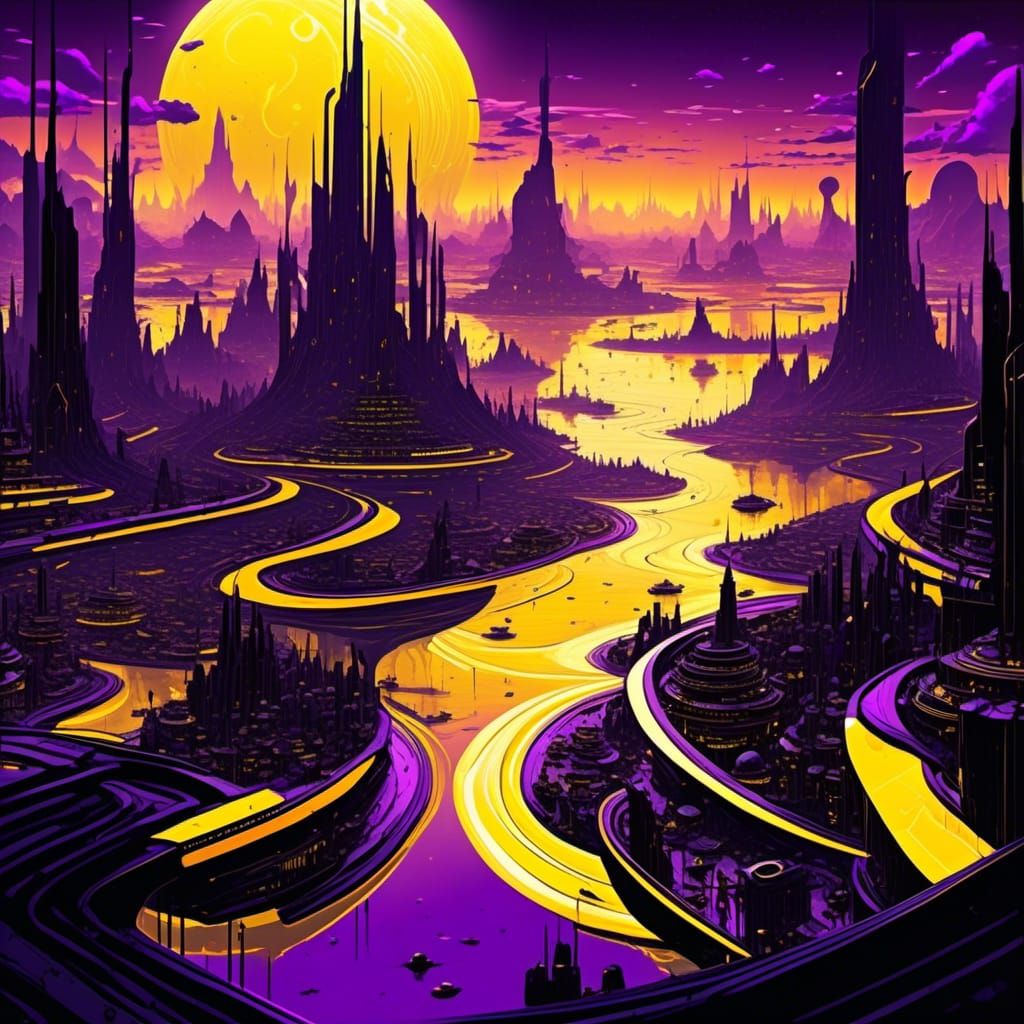 Futuristic Cyberpunk Cityscape Reflecting Under Yellow Sky