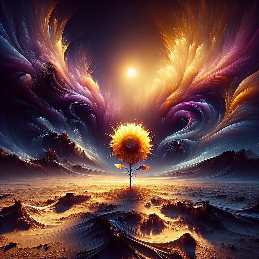 Radiant Sunflower in Arid Desert: Dark Fantasy Art