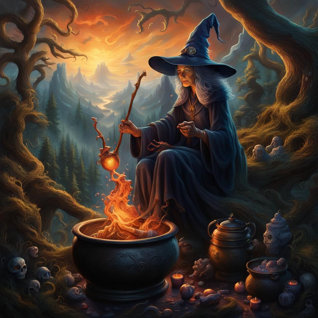 Mystical Witch Brewing Potions: Fantasy Concept Art