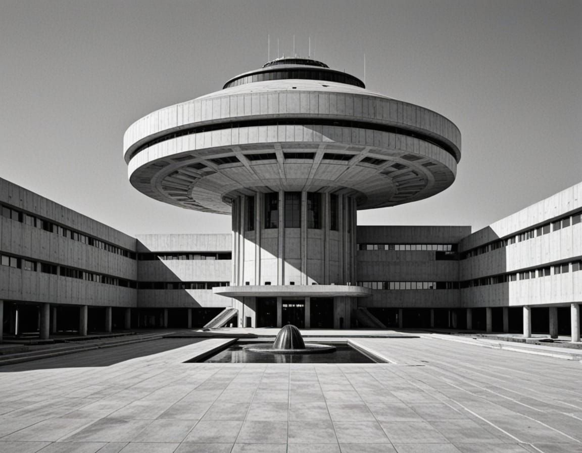 Surreal Brutalist Structure in a Black and White Tiled Squar...