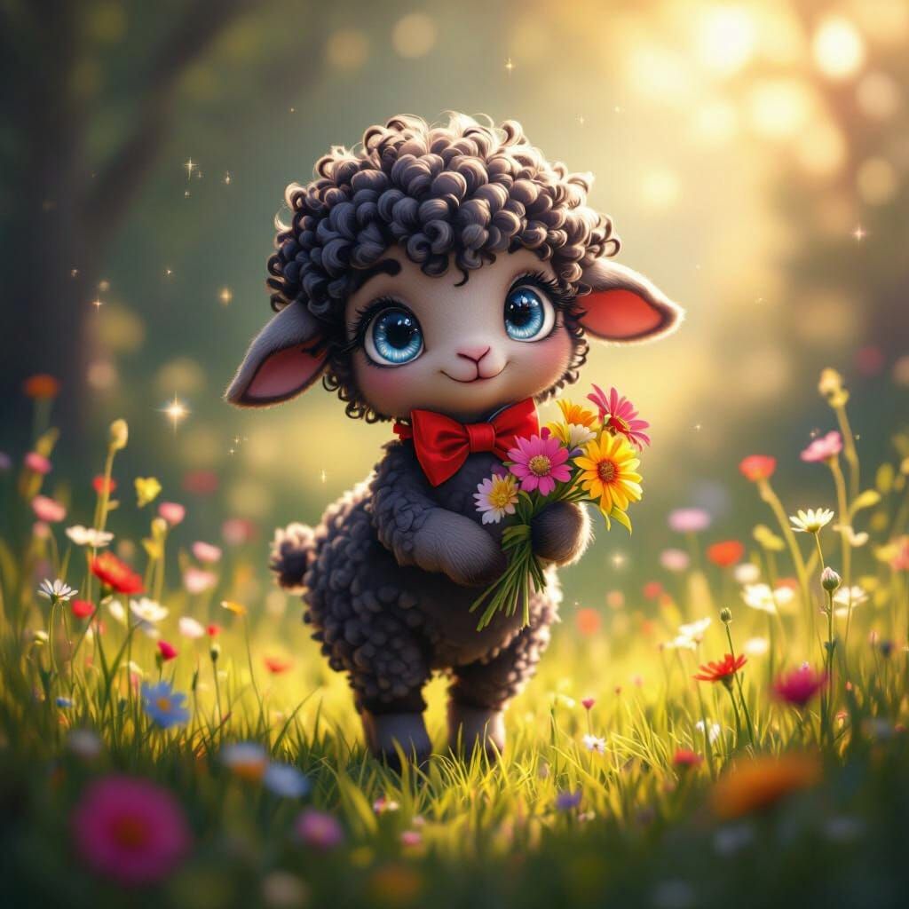 Adorable Lamb in Meadow: Hyper-Detailed Oil Painting
