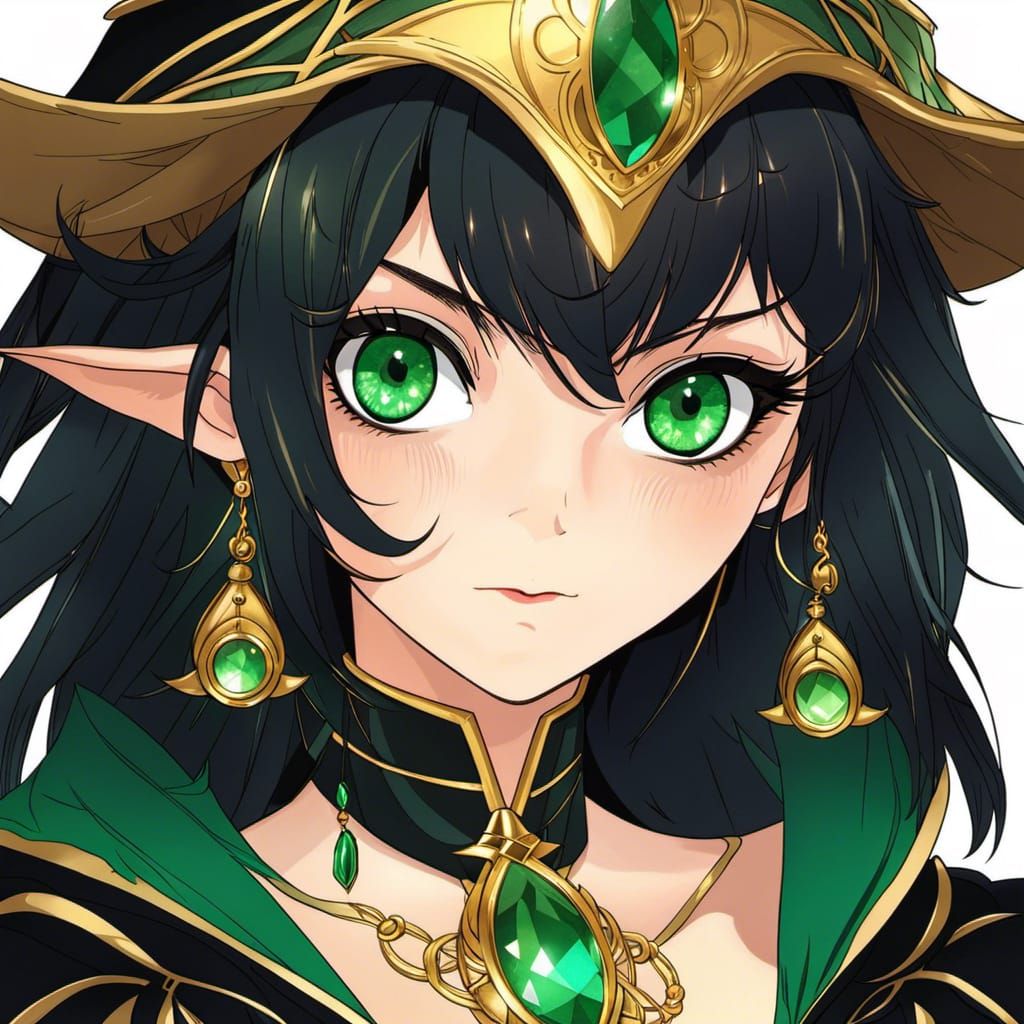 Anime Witch Portrait in Black and Gold