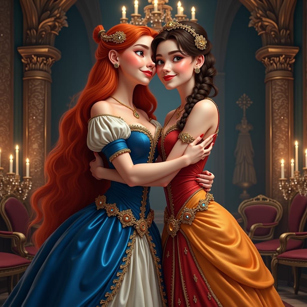 Regal Princesses Embrace in Lavish Medieval Chamber