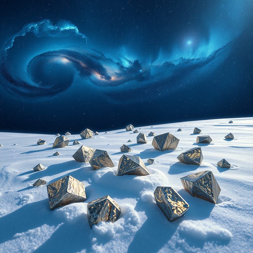 Multiple pyrite crystals on the snow, magic cosmic night.