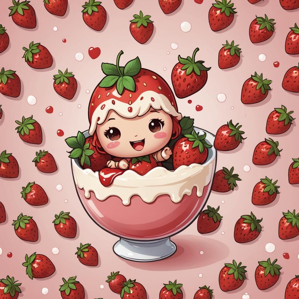 Chibi Strawberries Jumping into Cream
