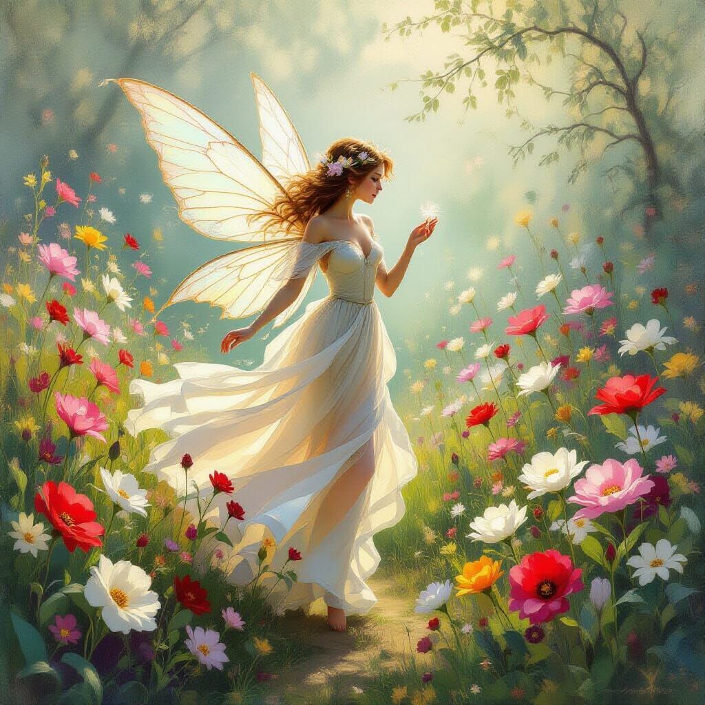 Luminescent Fairy Gathering Nectar in Impressionist Style