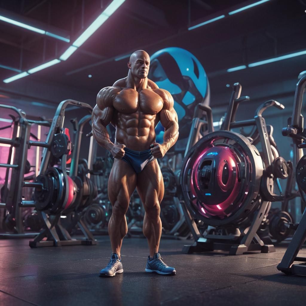 Bodybuilder Egg in a Futuristic Gym, 3D Rendered