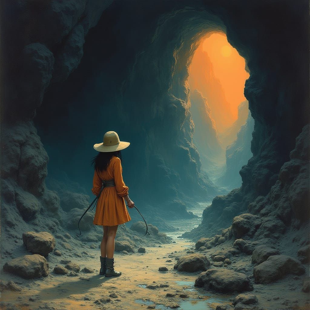 Mysterious Adventurers Enter a Dark Cave in Vibrant Attire