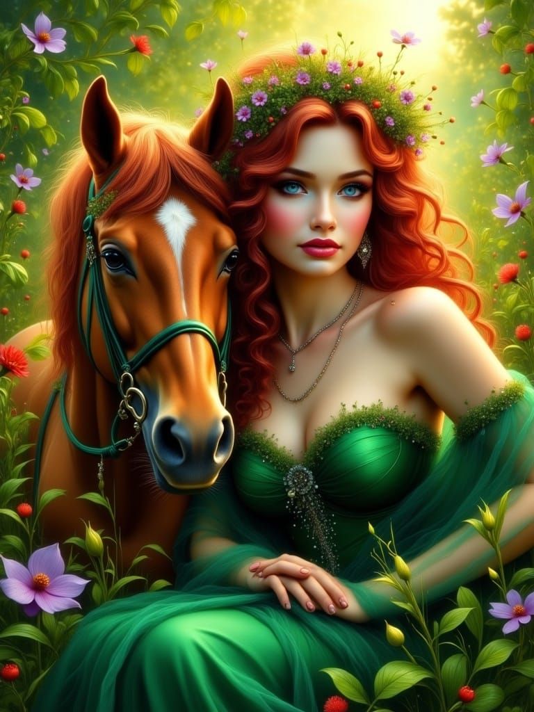 Red-Haired Woman on Horse in Oil Painting Style