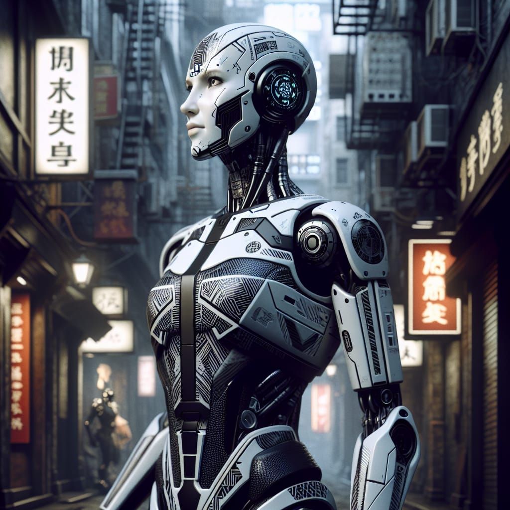 Futuristic Female Cyborg Posing in European City Alley